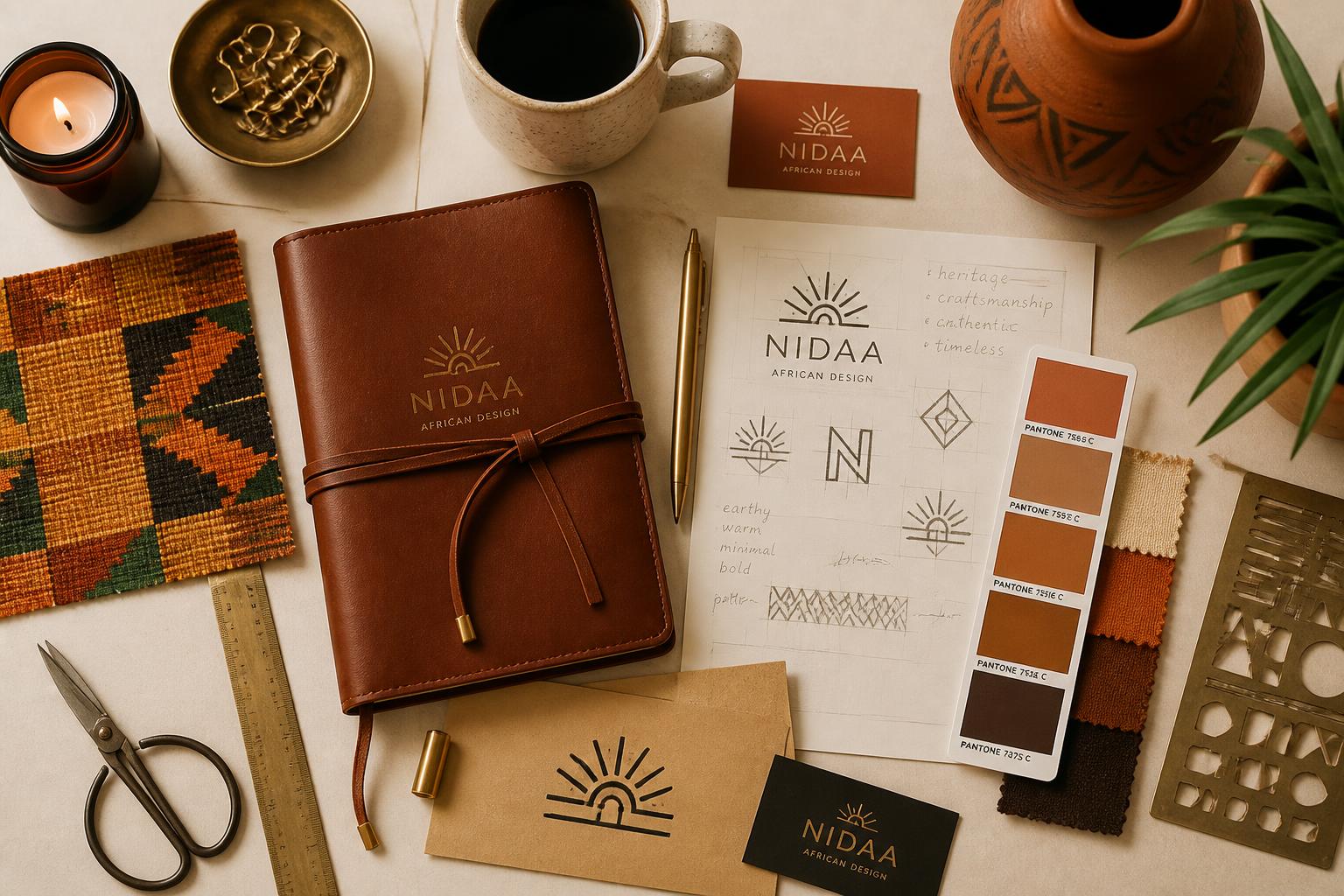 POD Design studio flat lay with brand materials, swatches, and tools